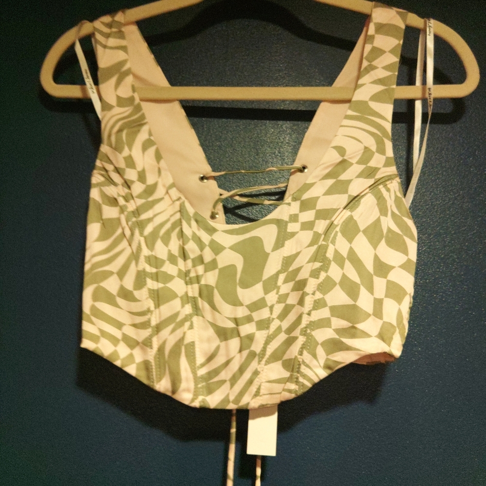 For Love And Lemons Light Pink/Green Corset Top with Lace-Up Back New With Tag